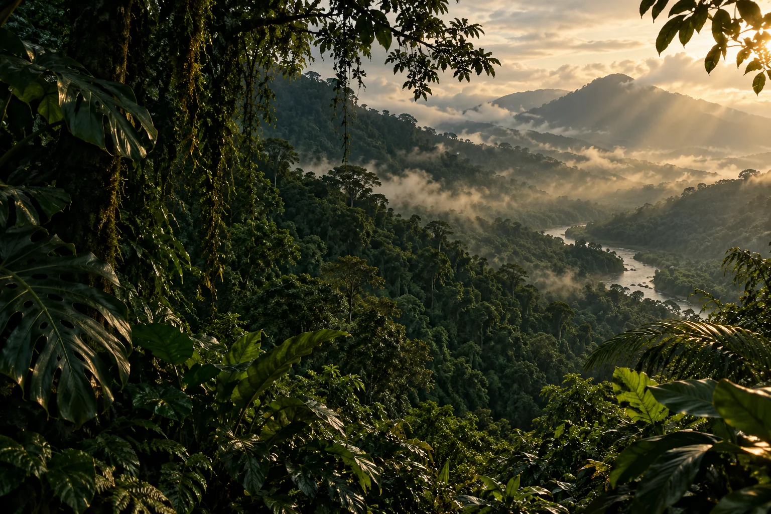 Sunlight over a misty rainforest canopy and winding river.