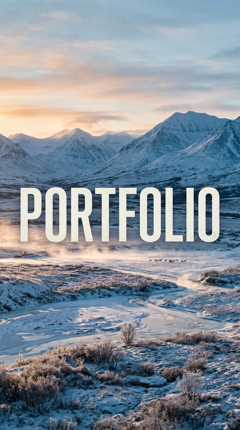 Snow-covered mountains above a frozen valley at dawn.