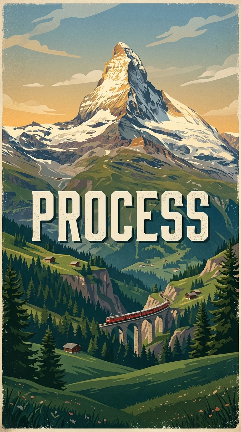 Illustrated alpine peak, mountain village and railway bridge.