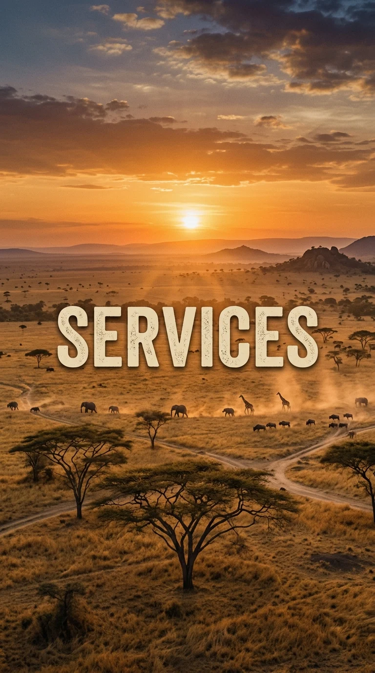 Acacia trees and wildlife across a savanna at sunset.